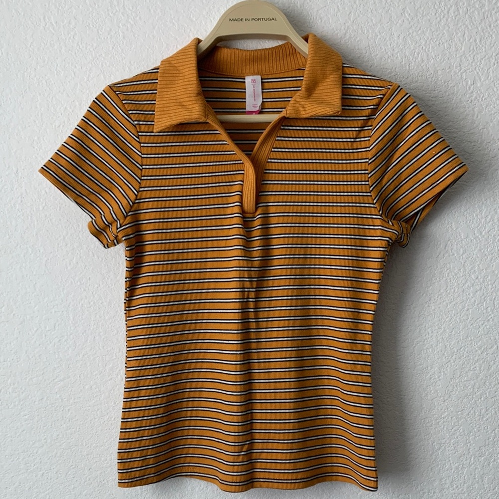 No Boundaries Yellow and Black Striped Short Sleeve Polo